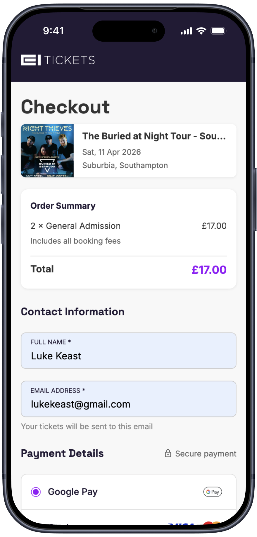 Fast mobile checkout on EI Tickets